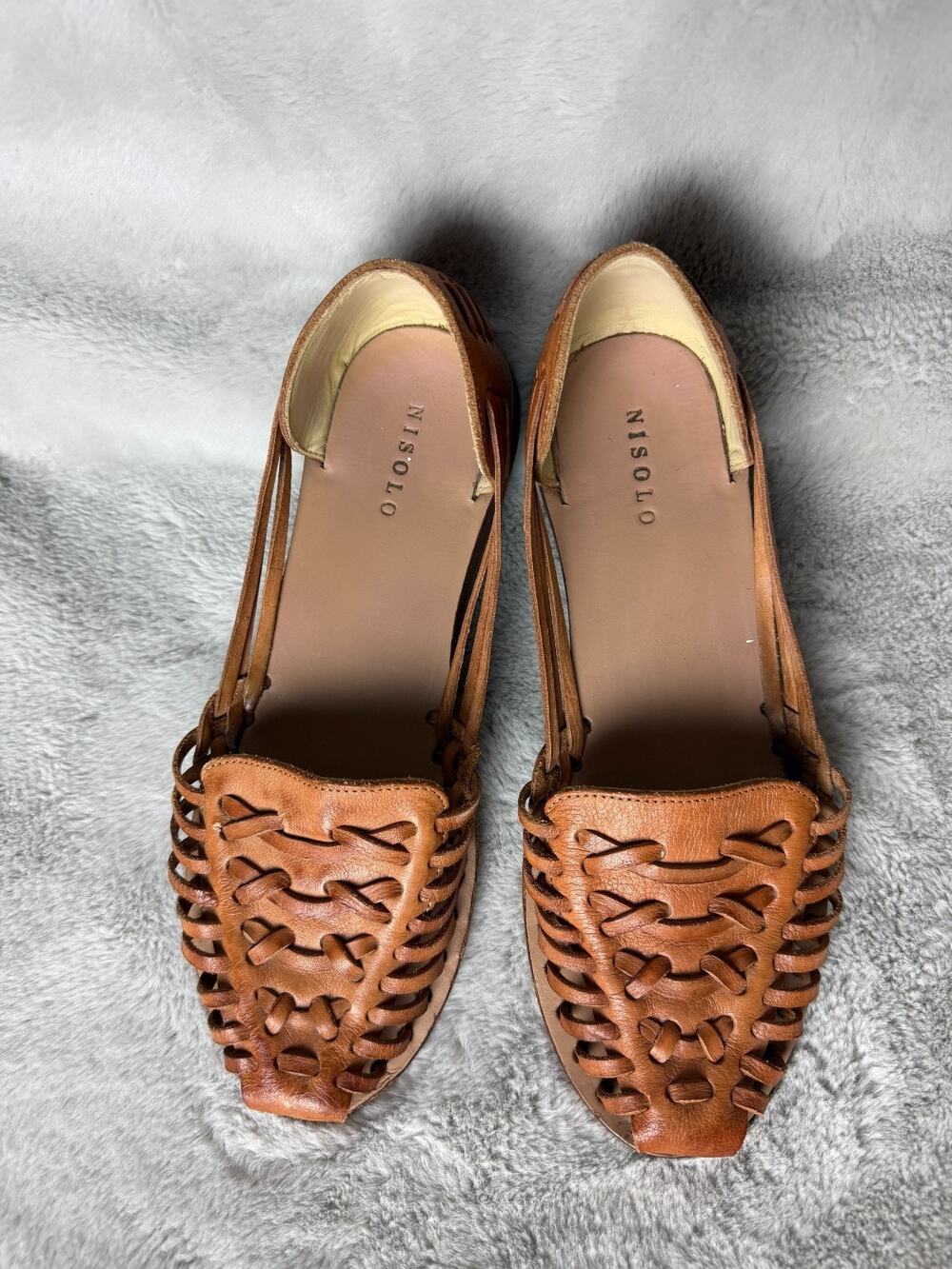 Nisolo Womens 9.5 Almond Leather Woven Huarache 2.0 Flat Sandals Peru